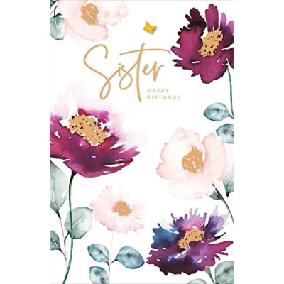 Image of Sister Birthday Card Watercolour Floral Gold Butterfly