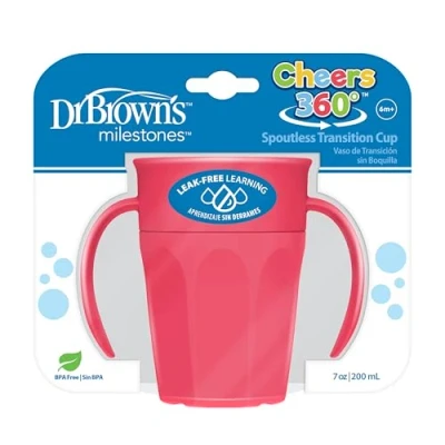 Image of Dr. Brown&#039;s Milestones Cheers 360 Cup Spoutless Transition with Handles for Easy Grip &amp; Leak Free Learning, Pink, 7oz/200mL, 6m+ (Colors May Vary)
