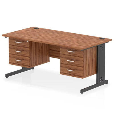 Image of Impulse 1600x800 Desk Walnut/Black Cable Managed 2x3 Drawer Fixed Ped