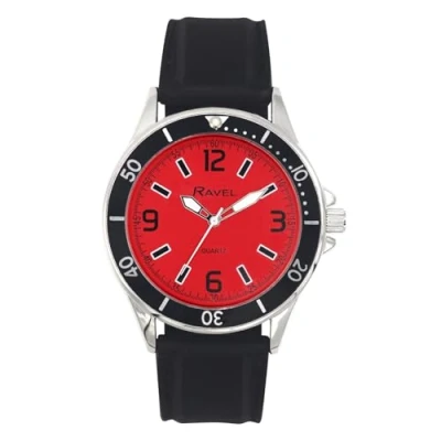Image of Ravel Men&#039;s Sporty Black Silicon Strap Watch with Top Ring on Silver Tone Case Analogue Quartz RS002.08 Red Dial