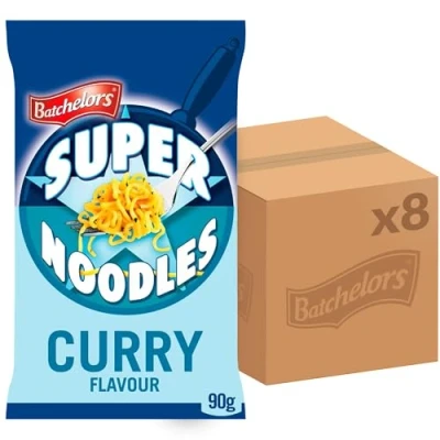 Image of Batchelors Super Noodles Curry Flavour, Instant Snack Ready in 4 Minutes, 90 g Packet (Pack Of 8)