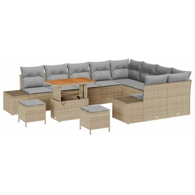 Image of vidaXL 12 Piece Garden Sofa Set with Cushions Beige Poly Rattan Acacia