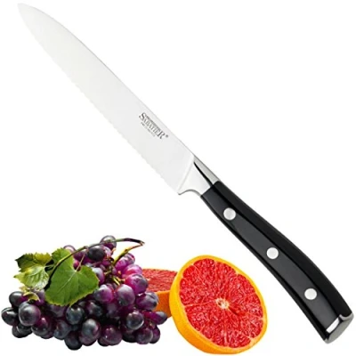 Image of Professional Sabatier Serrated Utility Knife 5in/12cm Full Tang Blade Forged from Chrome Molybdenum Vanadium Stainless Steel. Carbon Black Triple Rivet Handle. 25 Year Guarantee. Dishwasher Safe.