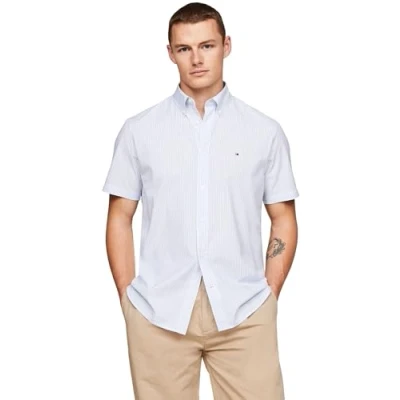 Image of Tommy Hilfiger Men Shirt Flex Poplin Short Sleeve, Multicolor (Cloudy Blue/Optic White), S