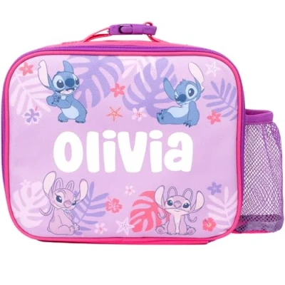 Image of Disney Stitch &amp; Angel Personalised Children’s Lunch Bag Thermal Insulated Kids Snack for Girls School (Pink)