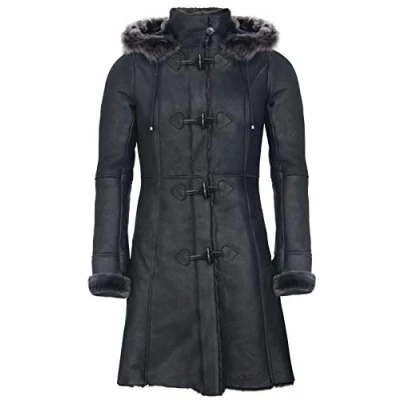 Image of Infinity Leather Womens Black Sheepskin Hooded Duffle Coat Ottawa Size 20 UK
