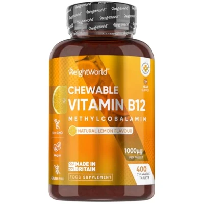 Image of Vitamin B12 High Strength 1000mcg 1+ Year Supply 400 Chewable &amp; Vegan Tablets Sugar Free Methylcobalamin Vit Supplement for Tiredness Fatigue Lemon Flavour Made in The UK
