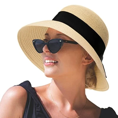 Image of Comhats Summer Hats for Women Wide Brim Foldable Ladies Straw Sun Beach Hat Fedora Panama Packable UPF 50 Holiday with Chin Strap Beige M/L 57CM