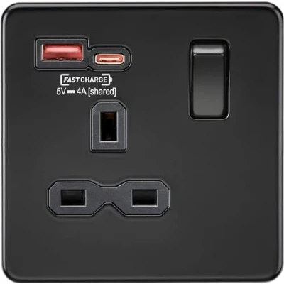 Image of KnightsBridge 13A 1G Switched Socket with Dual Fast Charge Outlets A+C (5 12V 4A shared) matt black