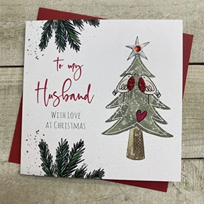 Image of White Cotton Cards TO MY HUSBAND CHRISTMAS CARD, TREE &amp; ROBINS HANDMADE (C22 70 H)