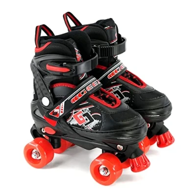 Image of Childrens Kids Boys Girls 4 Wheel Adjustable Quad Roller Skates Boots (Red, Medium/UK 2 /)