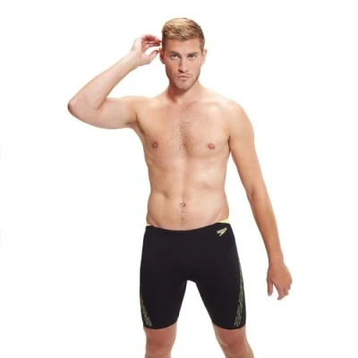 Image of Speedo Boys Hyperboom Splice Swimming Trunks Quick Drying Training Fitness Chlorine Resistant Jammer, Black/Lemon Drizzle, 26 UK