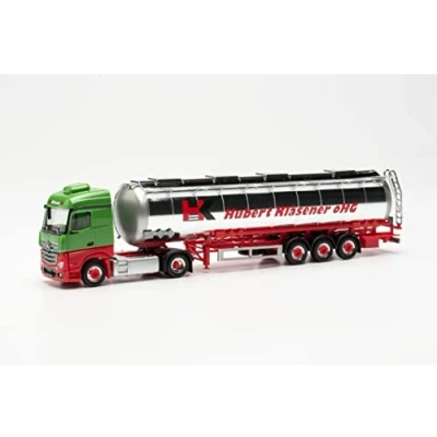 Image of Herpa truck model Mercedes Benz Actros Streamspace Jumbochromtank Sattelzug Hubert Kläsener true to its original scale of 1:87, plastic for diorama, made in Germany, building