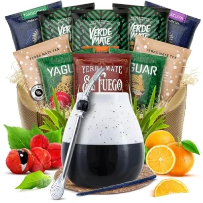 Image of yerba mate gift set Samples of and accessories Yaguar, Verde Mate, Soul Guarani, El Fuego Calabash, bombilla for 10x50g Natural caffeine 500g 0.5kg
