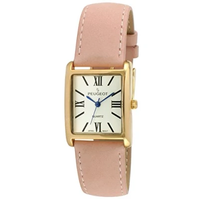 Image of Best Deal Peugeot 14K Gold Plated Tank Roman Numeral Pink Suede Band Watch 3036SPK