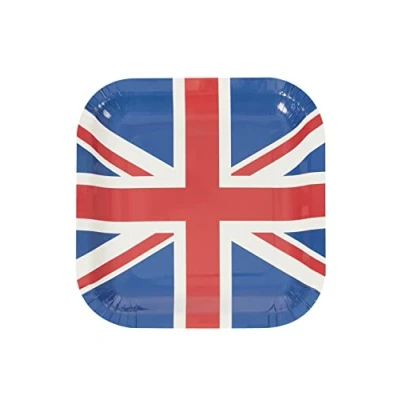 Image of Costume and Party Store Union Jack Tableware 2023 King Charles Corontation Pack of 8 Square Paper Plates,Red White Blue
