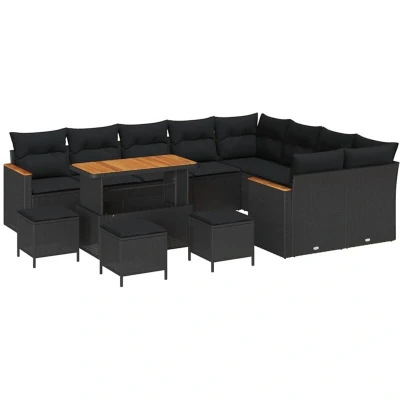 Image of vidaXL 13 Piece Garden Sofa Set with Cushions Black Poly Rattan Acacia