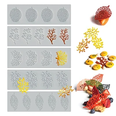 Image of 5PCS Leaf Molds Silicone Baking Fondant Molds, Hollow 3D Coral Branch Lace Cake Polymer Clay for Baking, Resin, Clay, Sugar Craft, Dessert Decoration