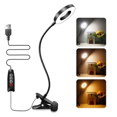 Image of Akynite Clip On Clamp Light for 3 Colors &amp; 10 Dimmable Brightness, 48 LED Tattoo Lamp, Flexible, USB , Studying/Working/Gaming/Eye Care/Reading/Bedside/Desk (Black)
