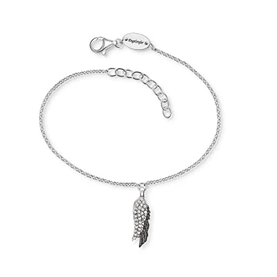 Image of Angel Whisperer Women&#039;s bracelet made of sterling silver and wing pendant duo black,set with 27 Zirconia stones,lobster clasp,adjustable length,nickel free, Silver, Cubic