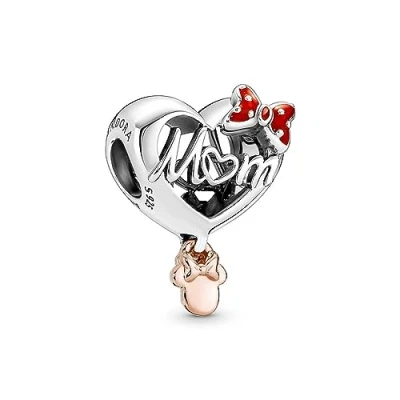 Image of Pandora Disney Minnie Mouse mom heart sterling silver and 14k rose gold plated charm with red enamel