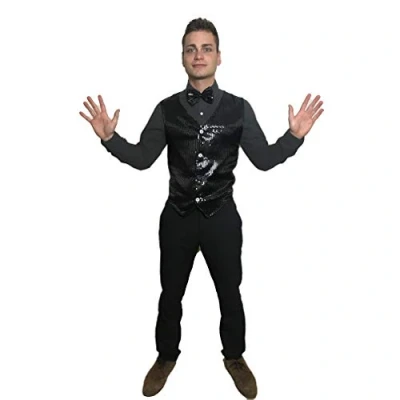 Image of Black Sequin Waistcoat &amp; Bow Tie Showbiz Show business Mens Fancy Dress Costume