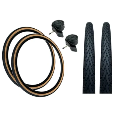 Image of Baldy&#039;s PAIR 700 x 35c Black with Tan Amber Wall Slick Road Tread Tyres &amp; Presta Valve Inner Tubes For Hybrid Trekking Bikes (Pack of 2)