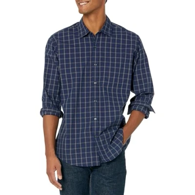 Image of Amazon Essentials Men&#039;s Regular Fit Long Sleeve Casual Poplin Shirt, Navy Windowpane, L