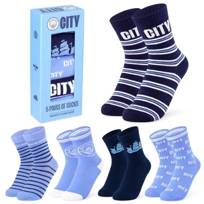 Image of MANCHESTER City FC Boys Socks Pack of 5 Crew for Teenagers Soft Breathable Size 12 7 Man Gifts (Blue, 9 13 Years, 3/7 UK)