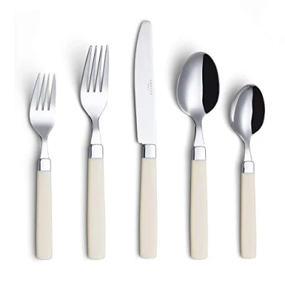 Image of Annova Stainless Steel Cutlery Set with Color Handles Dinner Forks, Salad Table Knives, Tablespoons, Teaspoons Service for 4 (Cream)