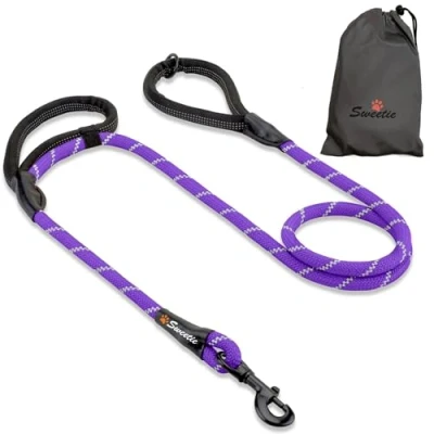 Image of Rope Dog Lead, Purple Strong Leash, 2 Padded Handles 5 FT Medium, Large Dogs Reflective, Weather Resistant.