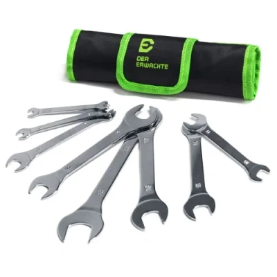 Image of Der Erwachte Super Thin Open End Wrench Set, Metric, 8 Piece, Including 6, 7, 8, 9, 10, 11, 12, 13, 14, 15, 16, 17, 18, 19, 22, 24 mm, Slim Spanner Set with Rolling Pouch