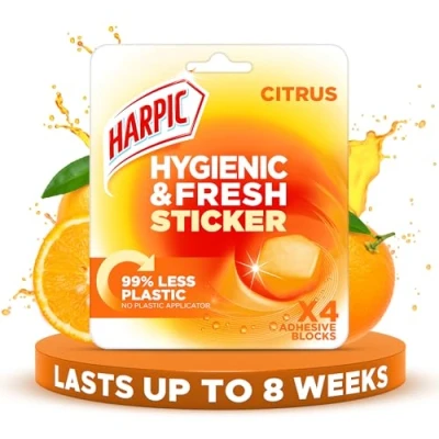 Image of Harpic Hygienic Fresh Sticker Adhesive Toilet Block, Citrus , Pack 1 x 4 Stickers, Freshener, No Plastic Applicator, Up to 8 weeks of Freshness