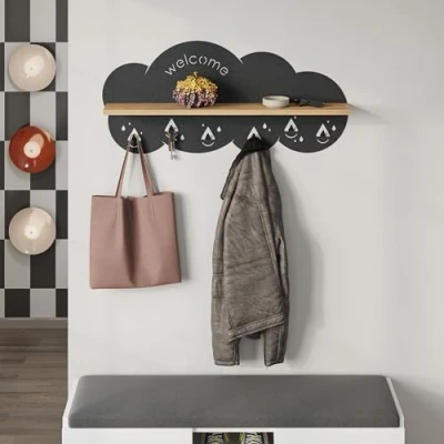 Image of HOCUS PICUS Metal Wall Mounted Hanger with Shelf, 6 Hook for Coats, Cloud Shape Design, Functional Storage, Organizer Home, Welcome Decorative (Oak)