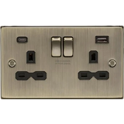 Image of KnightsBridge 13A 2G SP Raised Square Edge Switched Socket with Dual USB A+C Antique Brass, Black Insert
