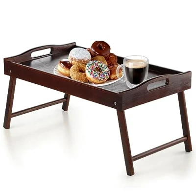 Image of KADAX Bed Table, Breakfast Tray Made of Pine Wood, 19 x 30 50 cm Serving Tray, Folding Food for in Bed, Side Table (Dark Brown)