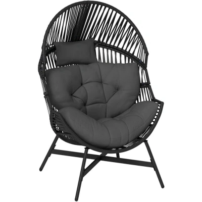 Image of Outsunny Standing Rattan Egg Chair Outdoor, Oversized Wicker Garden with Thick Tufted Cushion, Headrest, Steel Frame, Charcoal Grey