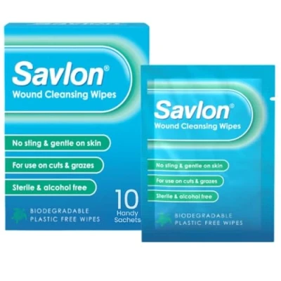 Image of Savlon Wound Cleansing Wipes, Alcohol Free, Cleaning Wipes For Wounds, Pack of 10 Gentle, Cuts And Grazes, Sterile, Biodegradable Plastic Free