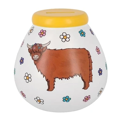 Image of Pot of Dreams Limited Edition Money Boxes from Dogs &amp; Cats to Home Tree Life SMASH open savings bank (Highland Coo), 14cm x (K92530)