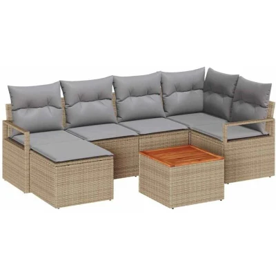 Image of vidaXL 7 Piece Garden Sofa Set with Cushions Beige Poly Rattan Acacia