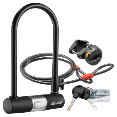 Image of via velo Bike Lock for 2 Bikes with Cable Heavy Duty Hard Steel 11&quot; Bicycle U Shackle Keys and Weatherproof Set, Road Mountain Electric Folding