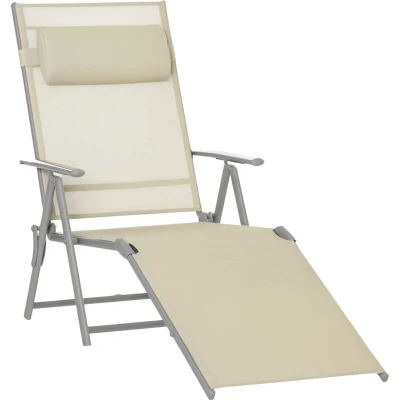 Image of Outsunny Steel Fabric Sun Lounger Outdoor Folding Chaise Lounge Chair Recliner with Portable Design &amp; 7 Adjustable Backrest Positions Beige