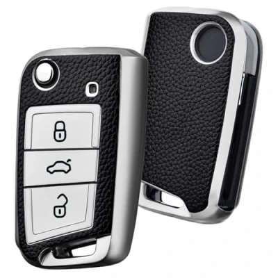 Image of OATSBASF Car Key Cover for VW Golf 7 Box/Key Case VW, Polo, Skoda, Seat, 3 Buttons Q Silver Leather