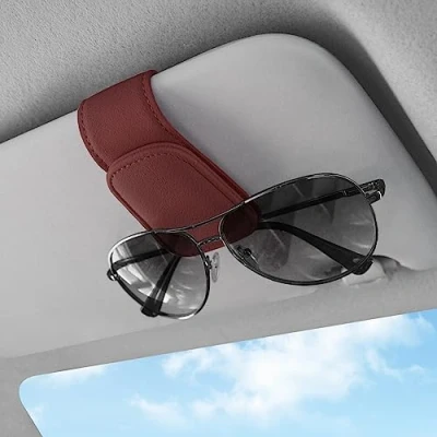 Image of Sunglasses Holders for Car Visor,Car Magnetic Glasses Holder Leather Clip and Ticket Card Suitable Interior Visor Different Size Eyeglasses. (Deep red)