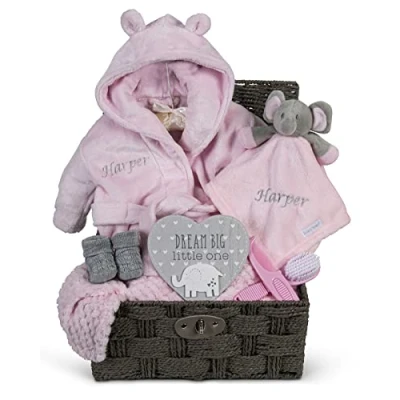Image of Hoolaroo Personalised Baby Gift Basket for Girls Pink Large Hamper Newborn Embroidered Elephant Comforter Blanket Shower Special Unique New Present Girl Soft Cute