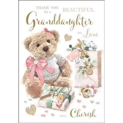 Image of New Baby Granddaughter Thank You Card Teddy Bear Design Special Finishes and Illustrated Insert Leaf Made in the UK