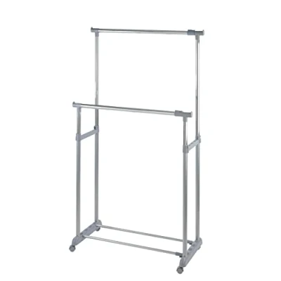 Image of WENKO 4364500100 clothes rack Twin Bars 2 rails, 1 shelf, heights adjustable, 4 castors, Chrome plated metal, 95 163 x 98 168 44 cm,