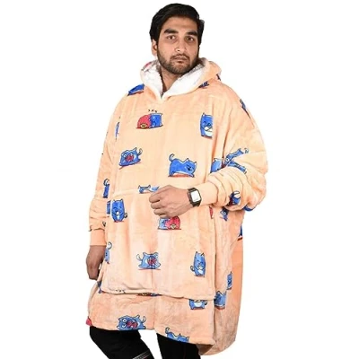 Image of True Face Blanket Hoodie Unisex Oversized Ladies Sherpa Fleece Ultra Plush Hooded Sweatshirt Orange Blue Cat One Size