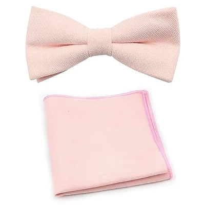 Image of Men&#039;s Luxury Cotton Blend Pre Tied and Fully Adjustable Bow Tie &amp; Pocket Square Set (Soft Pink) suitable for formalwear, office, weddings, parties, grooms groomsmen outfits