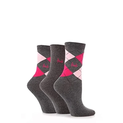 Image of 3 Pair Charcoal / Pinks Louise Argyle Cotton Socks Ladies 4 8 Pringle